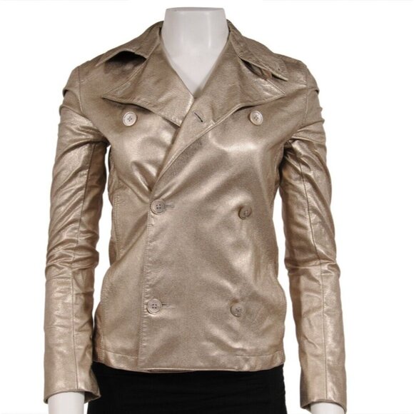 Ralph Lauren Collection Purple Double Breasted Jacket Medium Gold Leather Coat